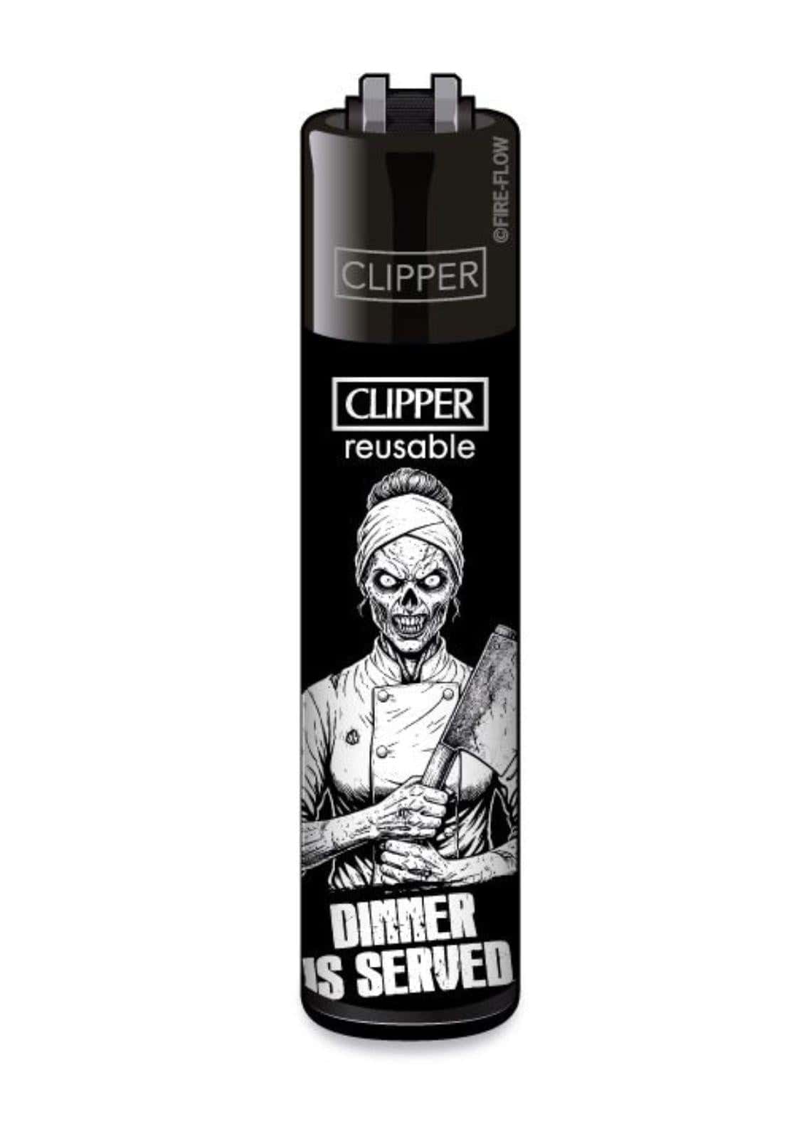 Schwarzes clipper feuerzeug nachfüllbar mit gothic horror zombie koch und dinner is served grafik